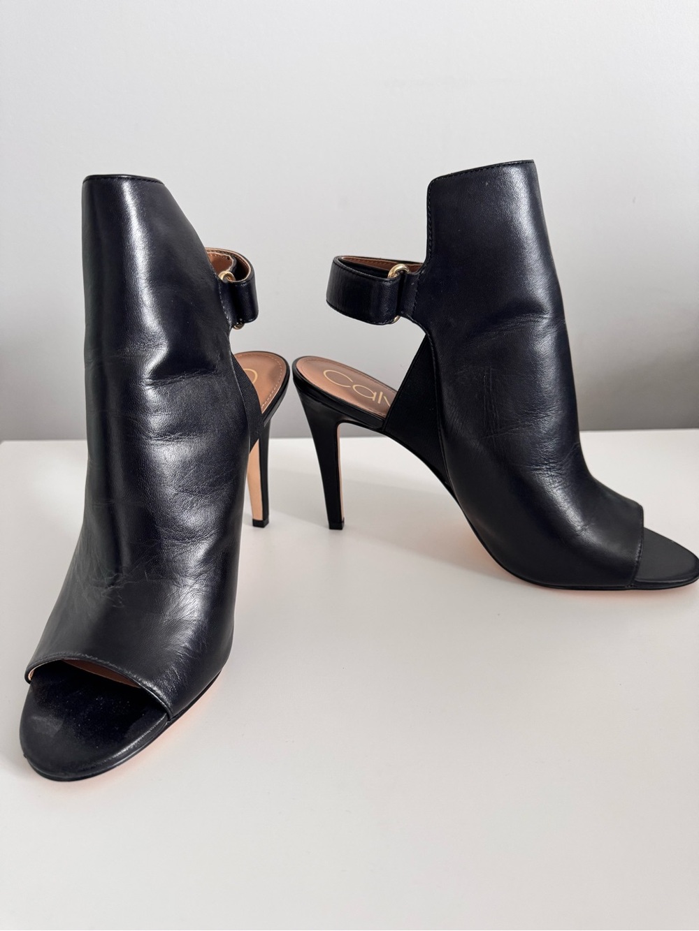 Calvin Klein Calf Leather Open-Toe Black Stiletto Booties - Size 9 US